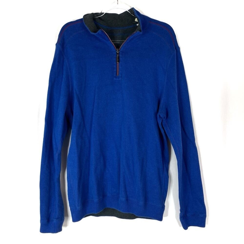 Tommy Bahama Blue & Gray Reversible 1/4 Zip Pullover Sweater Cotton Mens Medium